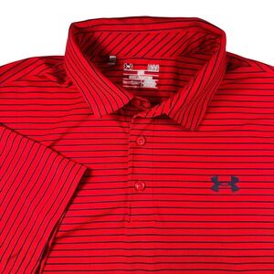 Under Armour Heatgear Red Navy Stripe Polo Shirt Mens Large Golf Casual